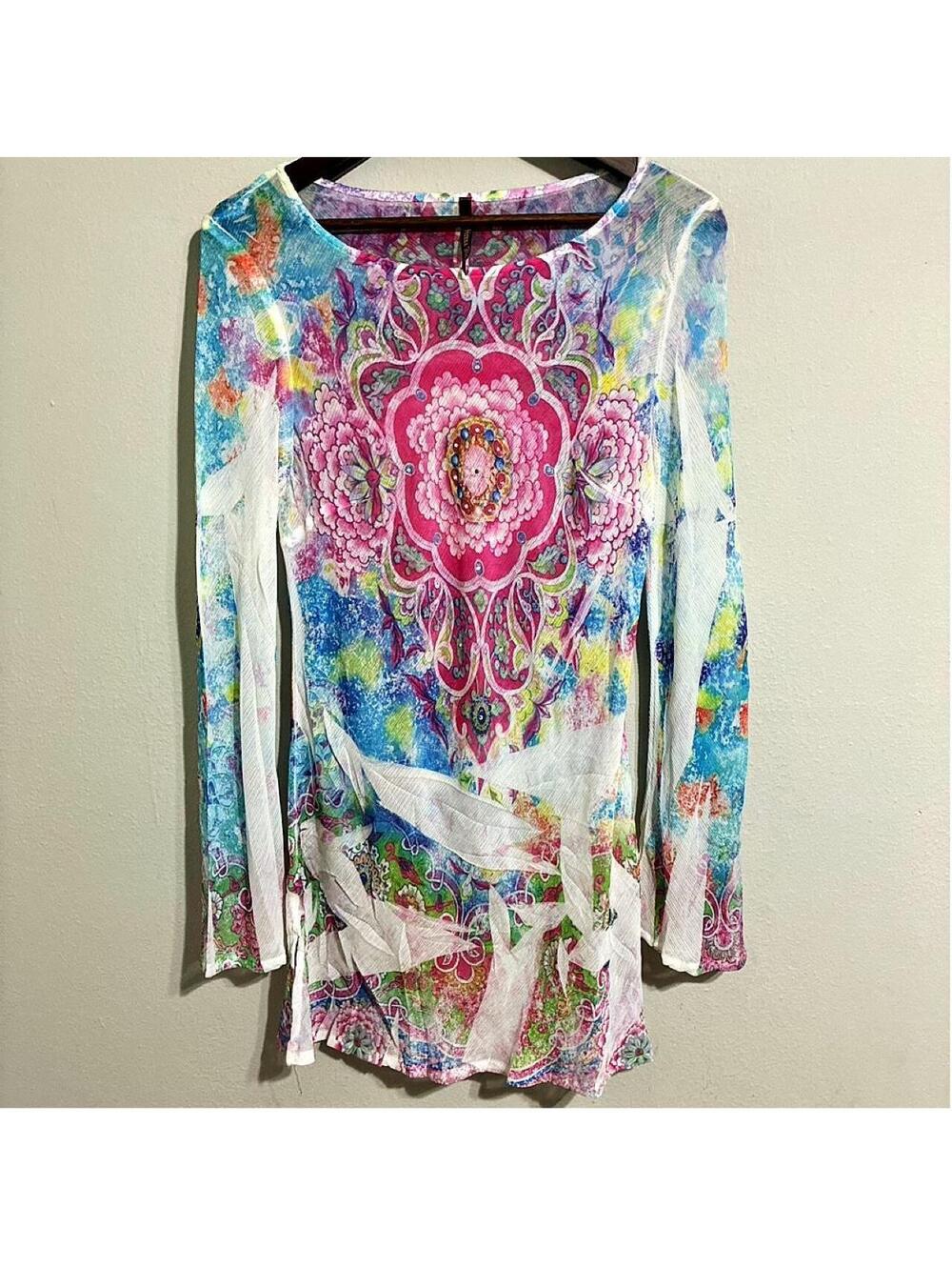 Y2K Sheer Mesh Floral Rhinestone Long Sleeve Fairy Boho Top Pink Cottagecore l